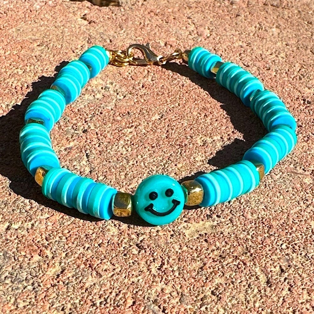 Blue Clay Smiley Face Adjustable Bracelet with Gold Colored Accents